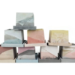 Small Square Concrete Planter with Drain Tray | Multi Color | Cement Plant Pot | Drainage Hole | Succulent Plant