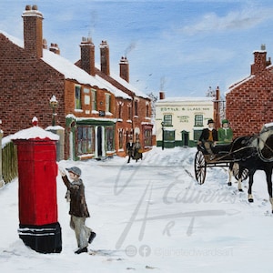 May include: A painting depicting a snowy street scene in a small town. A boy wearing a cap and coat is posting a letter in a red post box. A horse-drawn carriage is in the background, with brick buildings lining the street.