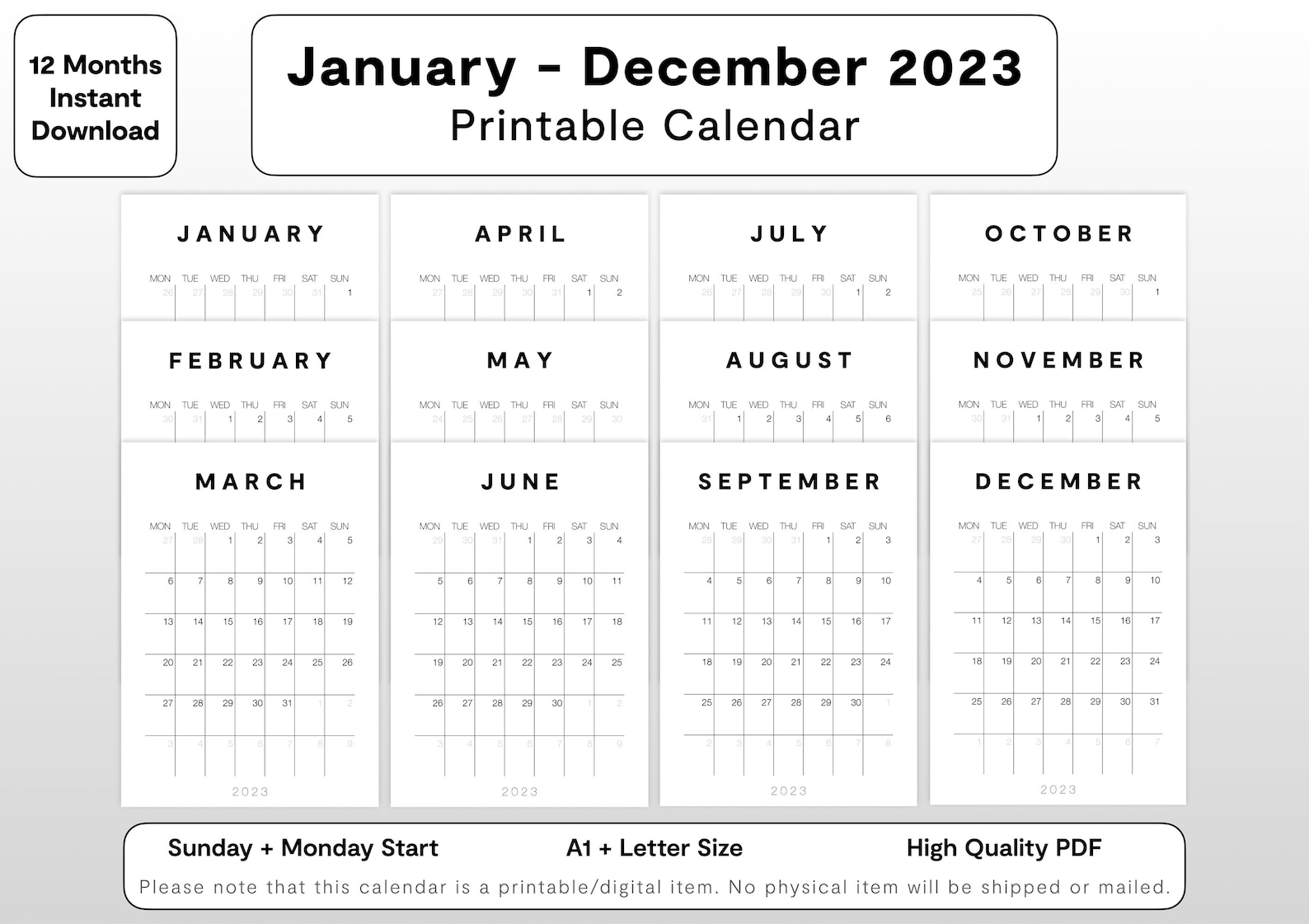 2023 Big Calendar Printable 2023 Big Wall Calendar 2023 Etsy