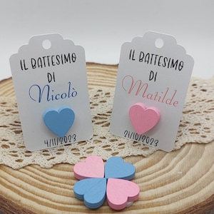 Set 20 TAG Battesimo/Nascita/Compleanno personalizzate con applicazione  in 3D cuore in legno rosa o azzurro