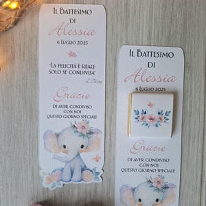 Segnaposto-Segnalibro cioccolatino personalizzato Battesimo Nascita Compleanno bambina.Bomboniera cioccolatini personalizzati. Elefantino