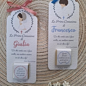 Segnaposto-segnalibro Prima Comunione Cresima bambino/bambina con cioccolatino personalizzato.Bomboniera-cioccolatini personalizzati