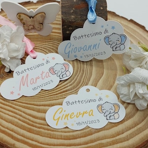 Tag Etichette Bigliettini personalizzati a forma di nuvola e elefantino per bomboniere e sacchettini nascita-Battesimo-Compleannobambini