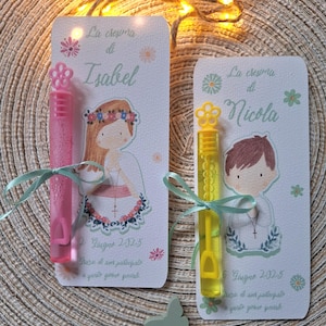 Segnaposto-segnalibro Cresima/Prima comunione bambino/bambina personalizzati con mini bolle di sapone e nastro in raso. Bomboniera originale