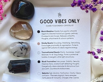 Good Vibes Only-Energy Protection Crystals Kit, Remove Bad Energy Cleansing Stones, Selenite/Tourmaline/Obsidian/Smoky Quartz Gemstones