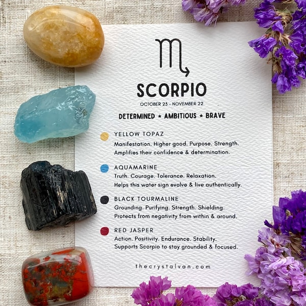 SCORPIO Zodiac Crystals Set Kit, October Birth month, Yellow Topaz, Aquamarine, Black Tourmaline, Red Jasper Reiki Healing Gemstones