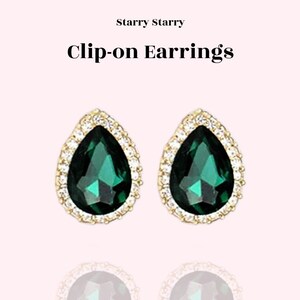 Sparkling Emerald Green Crystal Teardrop Halo Set Clip-on Earrings, 2.4cm Elegant Cocktail Wedding Clip ons,Pear Shape , 3 Sets Comfort Pads