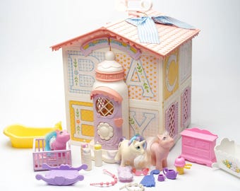 my little pony baby bonnet school of dance 1987, g1 playset with 3 ponies, pastel abc block house, vintage hasbro collectible