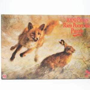 Jumbo Puzzle 1000 pcs – Rien Poortvliet – Fox Chasing Hare – Vintage 1980s Wildlife Scene