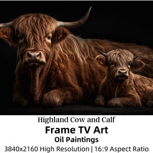 Highland Cow and Calf Samsung Frame TV Art | Frame TV Highland Cow Art | TV Art Oil Painting| Stunning Highland Cow and Calf Photos