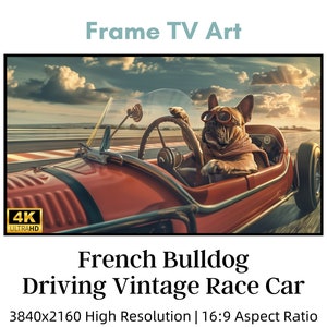 May include: A digital art print featuring a French Bulldog driving a vintage red race car. The dog wears goggles and a scarf. The image is labeled "Frame TV Art" and "4K Ultra HD".