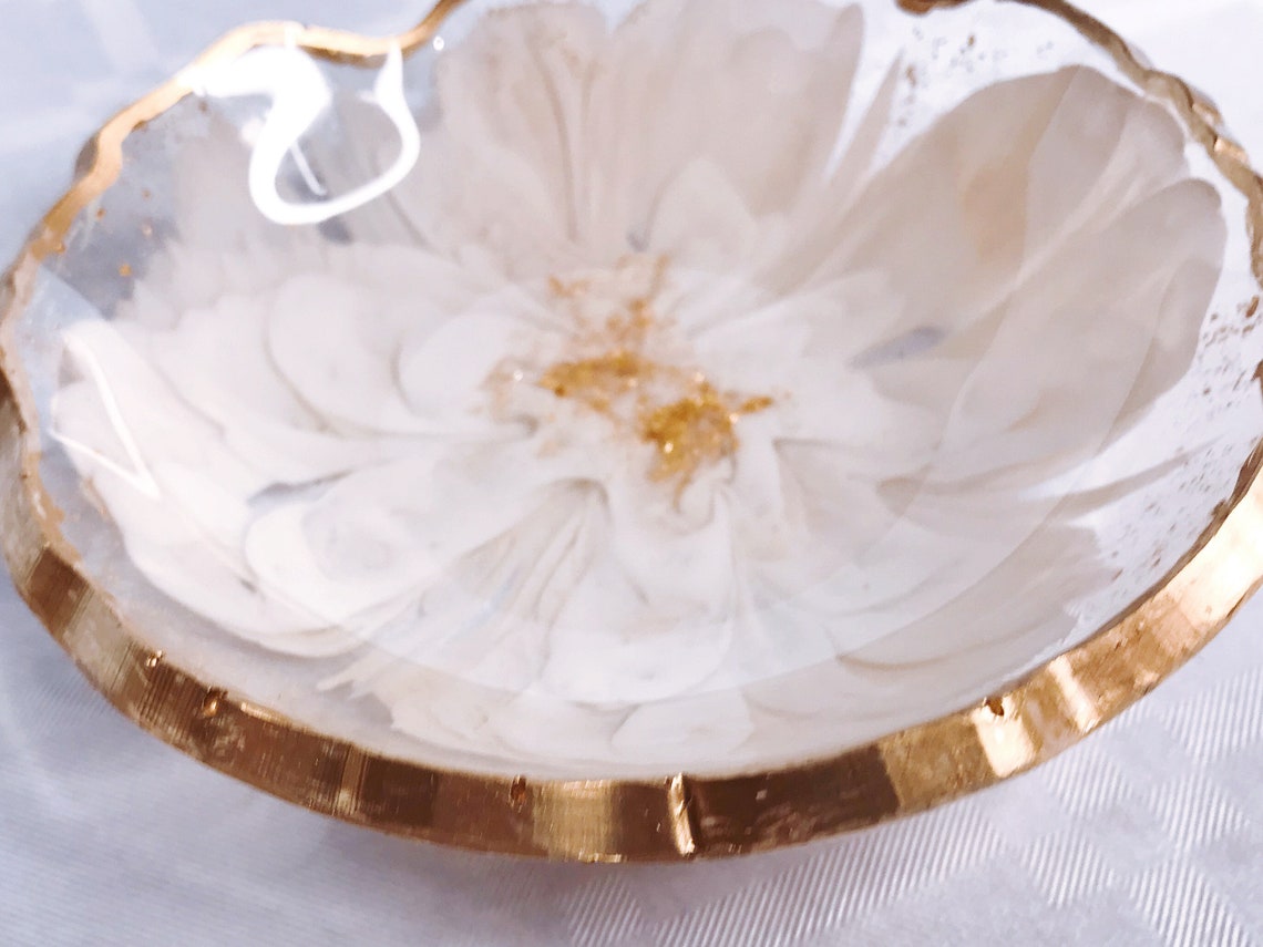 Small decorative bowl with 3 D flower / resin art / modern Etsy