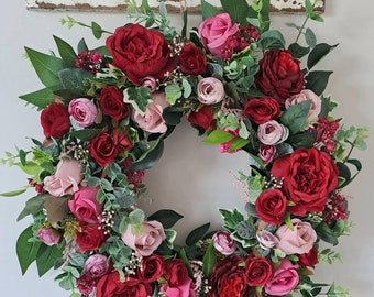 Spring wreath, door wreath, wreath, valentines gift, valentines flowers, artificial wreath, front door, large wreath, Roses, flower wreath