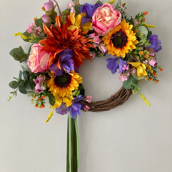 Spring wreath, summer wreath, bright coloured wreath, wreath, door wreath, flower wreath, floral wreath, birthday gift, Easter, sunflowers