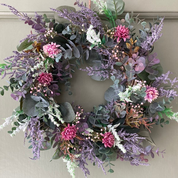 Door wreath, wreath, wreath for door, spring wreath, summer wreath, artificial wreath, wreath for outside, flower wreath, eucalyptus, floral