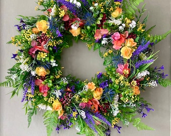 Spring wreath, summer wreath, wreath, door wreath, flower wreath, colourful wreath, artificial wreath, lavender wreath, door hanger