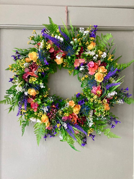 Spring wreath, summer wreath, wreath, door wreath, flower wreath, colourful wreath, artificial wreath, lavender wreath, door hanger