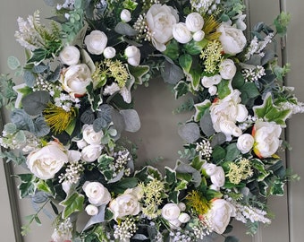 Door wreath, all year wreath, spring wreath, large wreath, christmas wreath, wreath outside, artificial wreath, white wreath flower wreath