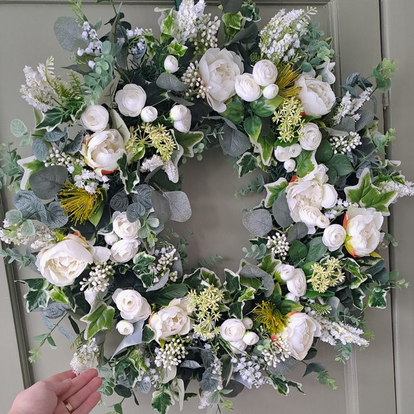 Door wreath, all year wreath, spring wreath, large wreath, christmas wreath, wreath outside, artificial wreath, white wreath flower wreath