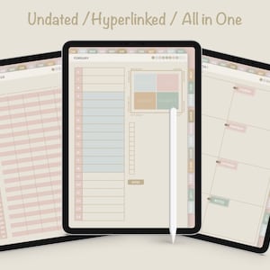 May include: Three digital planner pages on a tablet screen. The first page is a habit tracker with the title "February Tracker". The second page is a monthly calendar for February with a section for notes. The third page is a weekly planner with the days of the week listed vertically. All pages have a beige background with brown accents.
