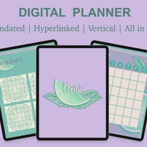 May include: Three digital planner pages with a lime theme. The first page is for trackers, the second page has the word "lime" written on it, and the third page is a weekly calendar.