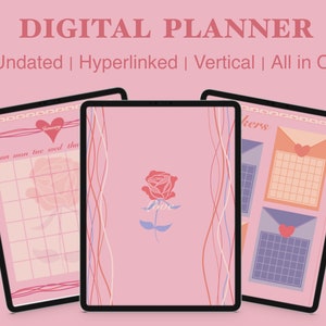 May include: Three digital planner screens on a pink background. The first screen shows a monthly calendar with the word "January" in a heart. The second screen has a pink background with a rose and wavy lines. The third screen has a pink background with the word "stickers" and two calendar squares with envelopes and hearts.