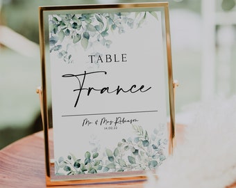 PERSONALISED greenery table name cards, table numbers wedding, simple table name, table number signs, botanical wedding, elegant, eucalyptus