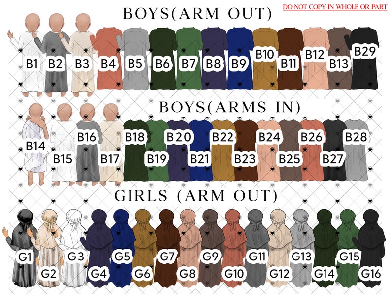 May include: A chart with illustrations of people wearing different colored clothing. The chart is labeled "Boys (Arm Out)", "Boys (Arms In)", and "Girls (Arm Out)".
