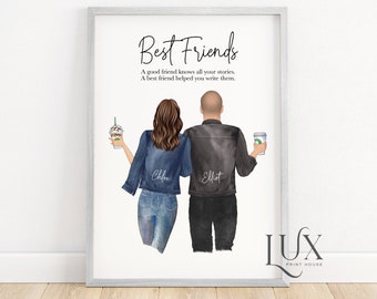 May include: A watercolor illustration of two friends, a woman and a man, walking side-by-side. The woman is wearing a blue denim jacket and jeans, and the man is wearing a black leather jacket and jeans. They are both holding coffee cups. The text "Best Friends" is written above them, and the text "A good friend knows all your stories. A best friend helped you write them." is written below them. The text "Chloe" is written on the woman's jacket, and the text "Elliot" is written on the man's jacket.
