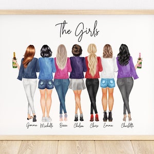 Best friend gift, group of friends print, best friend print, best friend picture, friendship illustration, friendship gift, girl group print