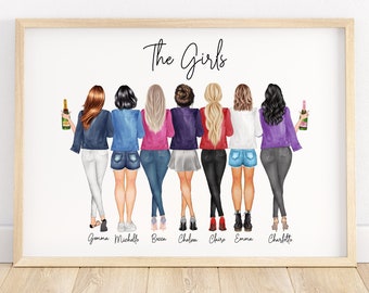 Best friend gift, group of friends print, best friend print, best friend picture, friendship illustration, friendship gift, girl group print