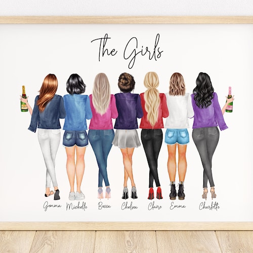 Best friend gift, group of friends print, best friend print, best friend picture, friendship illustration, friendship gift, girl group print