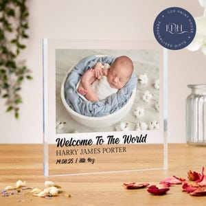 Newborn baby gift, personalised newborn photo acrylic block, baby keepsake present, baby boy, baby girl, unique baby gift, new parents gifts