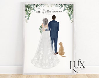 Personalisierter Hochzeitsdruck Hund, Hochzeitsgeschenk, Hochzeitsplakat mit Haustieren, Braut und Bräutigam, mr und mrs Geschenke, Hochzeitsillustration, Jahrestag