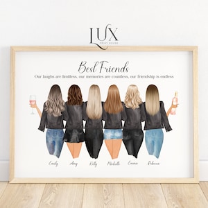 Best friend gift, group of friends print, best friend print, best friend picture, illustration, friendship gift, girl group print, 6 friends