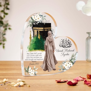 Umrah Mubarak heart acrylic block, personalised Islamic gift, custom Hajj Mubarak gifts, Ramadan, Eid, aunty, sister, niece, brother, dad
