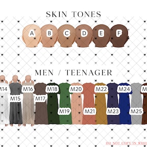 May include: A chart showing different skin tones labeled A through F, with corresponding men's clothing colors labeled M13 through M27. The clothing colors include white, gray, beige, brown, green, pink, orange, gold, navy blue, dark blue, and black.