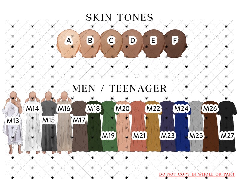 May include: A chart showing different skin tones labeled A through F, with corresponding men's clothing colors labeled M13 through M27. The clothing colors include white, gray, beige, brown, green, pink, orange, gold, navy blue, dark blue, and black.