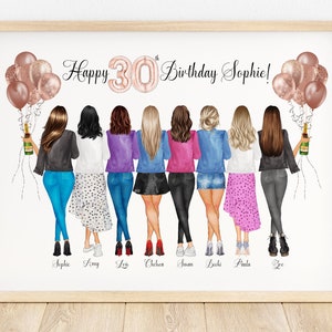 30th birthday friend print, personalised 30th birthday gift for her, best friend gifts, group of friends illustration, friendship gift