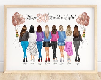 Puede incluir: Una ilustración de acuarela de ocho amigas celebrando un cumpleaños número 30. Las amigas son todas mujeres y están de pie en fila, de espaldas al espectador. Todas llevan ropa informal y sostienen copas de champán. La ilustración está sobre un fondo blanco e incluye el texto "Happy 30th Birthday Sophie!"