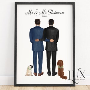 Mr and Mr wedding print with pet, groom and groom, personalised gay wedding present, custom wedding portrait, his and his, same sex wedding