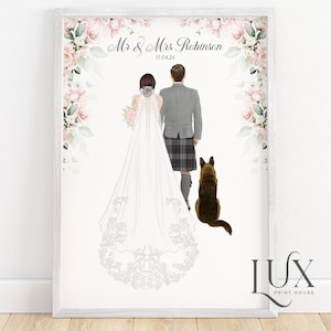 Personalised wedding print, scottish wedding gift, bride and groom picture, mr and mrs gifts, wedding portrait with dog, just married gift