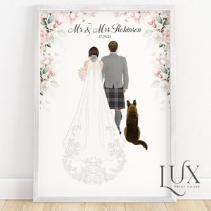 Personalised wedding print, scottish wedding gift, bride and groom picture, mr and mrs gifts, wedding portrait with dog, just married gift