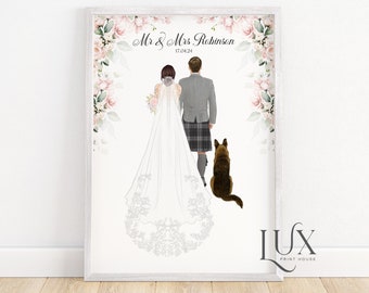 May include: A watercolor illustration of a bride and groom standing back to back with a dog sitting behind them. The couple is surrounded by pink and green floral accents. The text "Mr & Mrs Robinson 17.04.21" is at the top of the illustration.