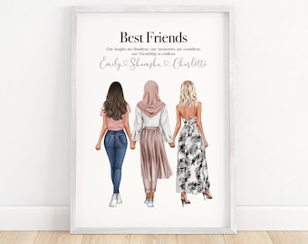 3 best friend print, muslim friend gift, friendship gift for 3, birthday gift for her, bestie picture, 3 friends picture, friendship gift