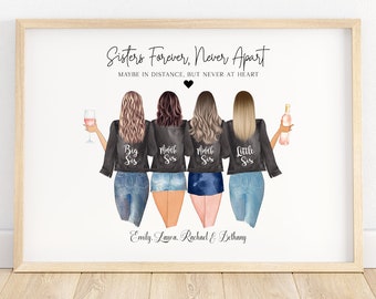 Personalised 4 sister print, sister birthday gift, big sis little sis, gift for a sister, 4 sisters gift, sisters picture, siblings print