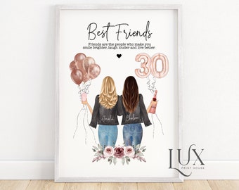 Puede incluir: Una impresión de arte imprimible con dos mujeres de pelo largo, que llevan chaquetas vaqueras y pantalones vaqueros, sosteniendo globos y una botella de champán. El texto dice "Best Friends" y "Friends are the people who make you smile brighter, laugh louder and live better." El número 30 se muestra en globos de oro. La impresión está decorada con flores rosas y blancas.