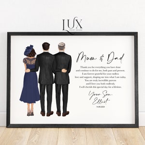 May include: A digital illustration of a family with two parents and a son. The parents are standing with their arms around each other, and the son is standing in front of them. The son is wearing a suit and tie, and the parents are wearing formal attire. The illustration is accompanied by a message of gratitude to the parents, signed by the son. The message reads: "Mum & Dad Thank you for everything you have done and continue to do for me, both past and present. I am forever grateful for your endless love and support, shaping me into what I am today. You are truly incredible parents and I love you both endlessly. I will cherish this special day for a lifetime. Your Son, Elliot 14.09.2024"
