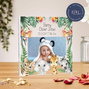 Newborn baby gift, personalised newborn photo acrylic block, keepsake present, boy, girl, safari animals, unique baby gift, new parents gift