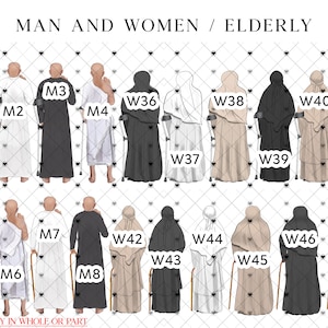 May include: Illustration of 18 people, 9 men and 9 women, all elderly, wearing traditional clothing. Each person is holding a cane or crutches. The image is labeled "MAN AND WOMEN / ELDERLY".